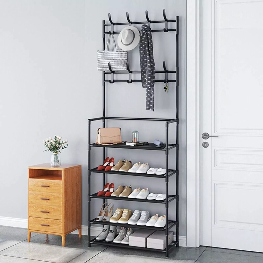 New Coat And Hat Stand 8 Hooks Metal Shoe Rack 5 Tiers Shelf Hanger Black