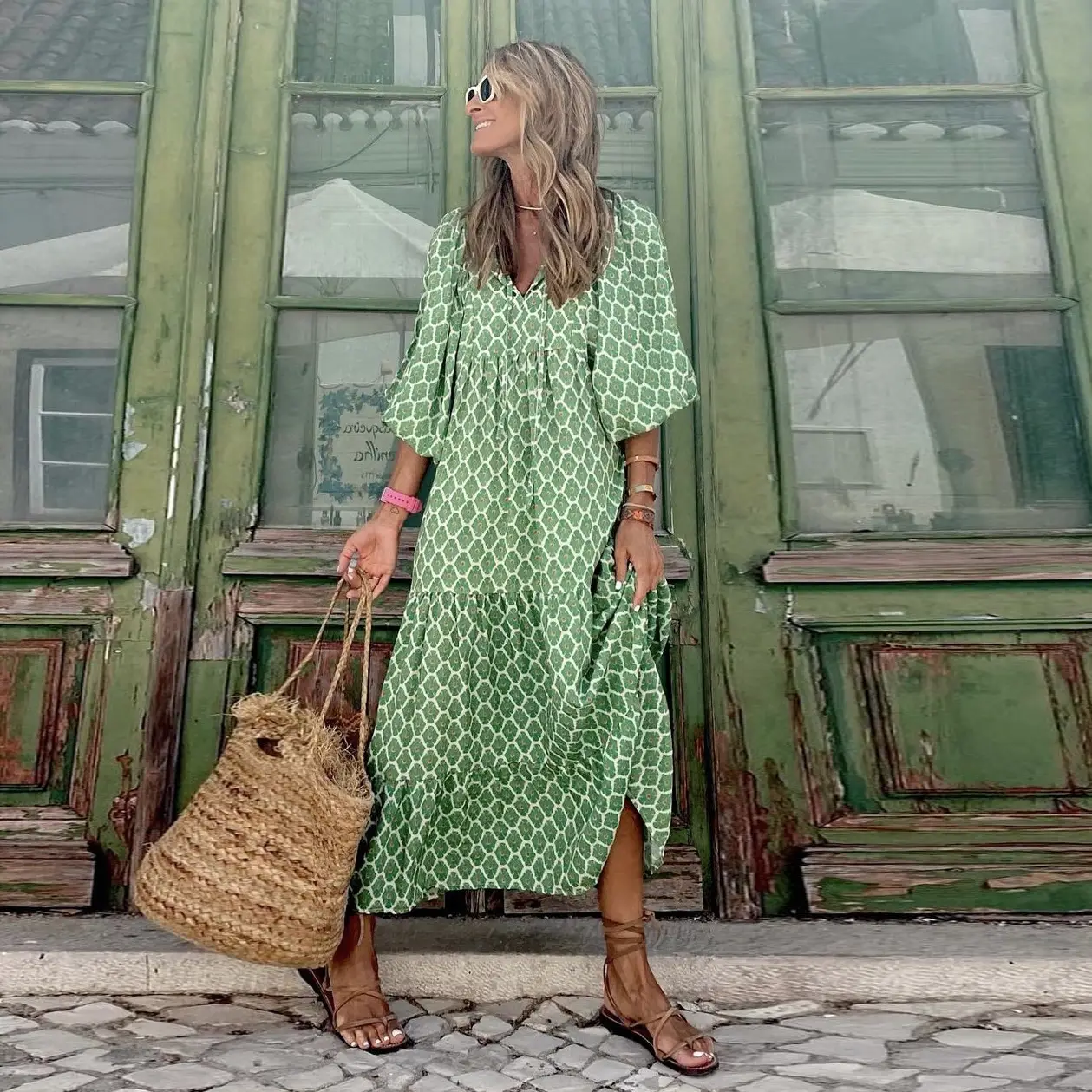 Geometric Patch Puff Sleeve Dress Street