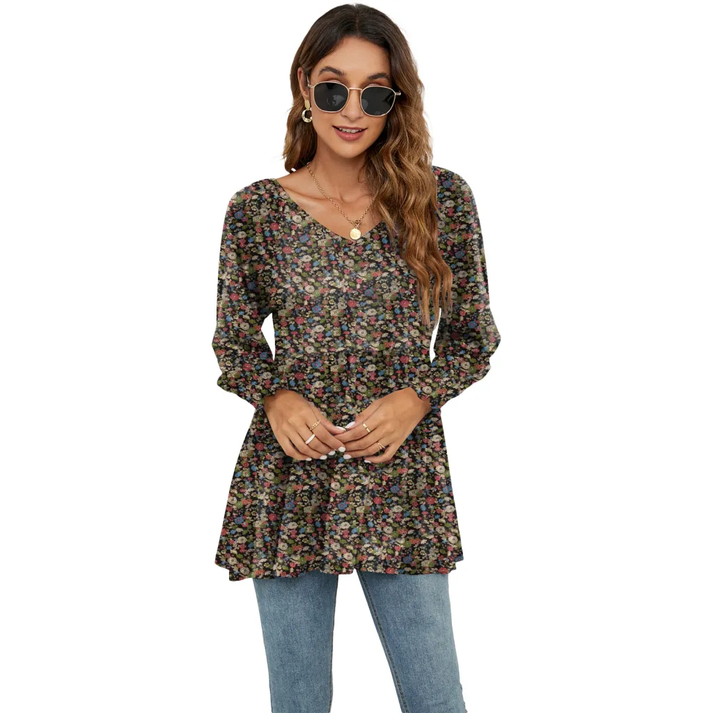 Long Puff Sleeve Tops Women Flowers Print Casual V-Neck Blouse T-Shirts Babydoll Tops - No.1 Flower