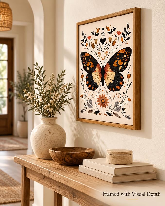 Framed Vintage Butterfly Wall Art Boho Botanical Canvas Decor For Home Bedroom Living Room 8x10 Inch 2