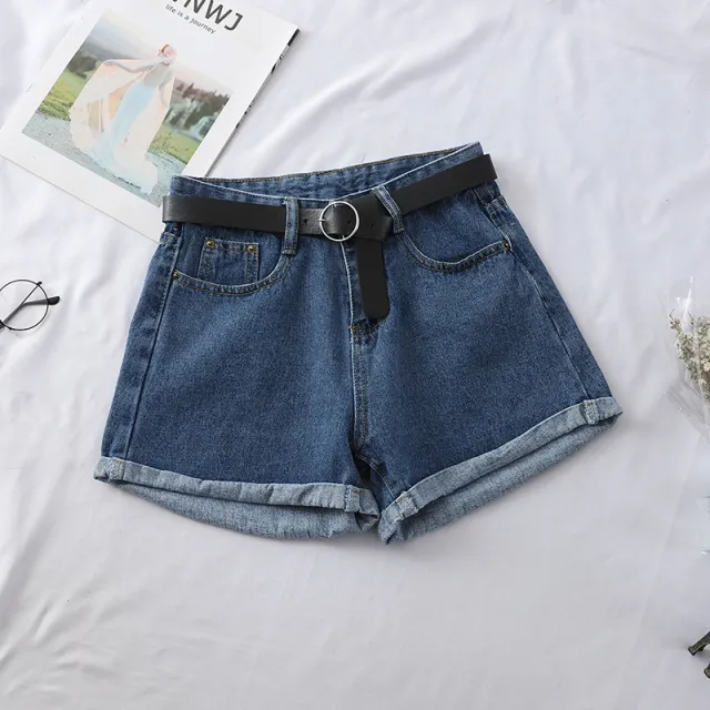 Women's High Waist Curled Denim Shorts Dark Blue - Shop at LoveMi