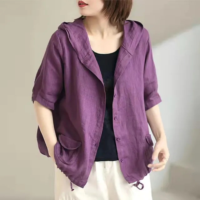 Women's Large Loose Vintage Cotton And Linen Casual Thin Hooded Cardigan Purple - Shop at LoveMi
