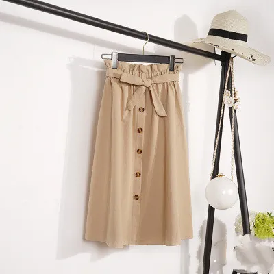 Literary Long Bud High Waist Single breasted A line Over the Knee Skirt Apricot - Shop at LoveMi