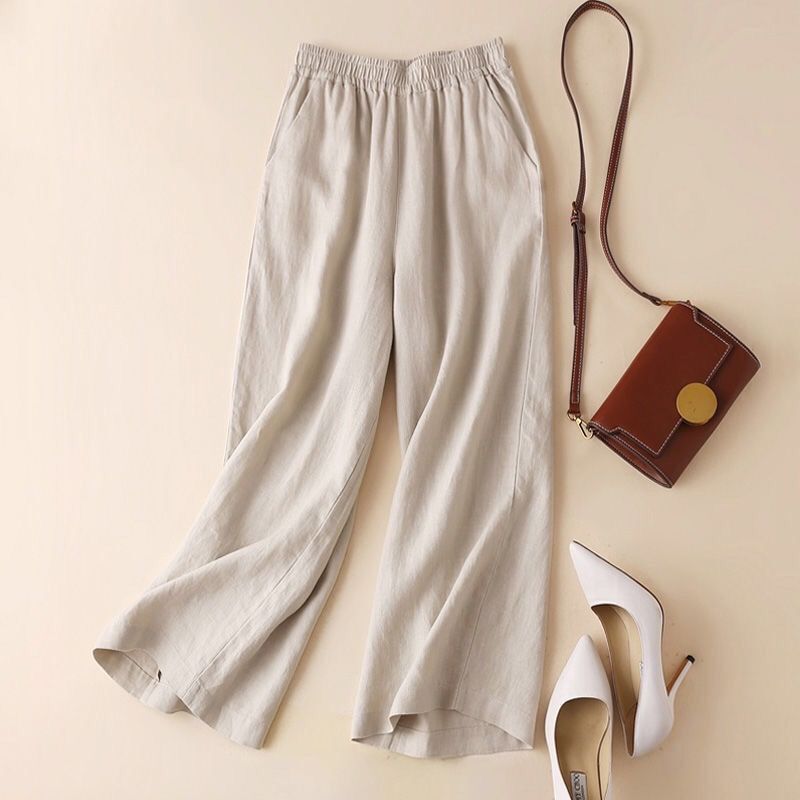 Title 3, Asian Cotton Wide Leg Pants Solid Color Women