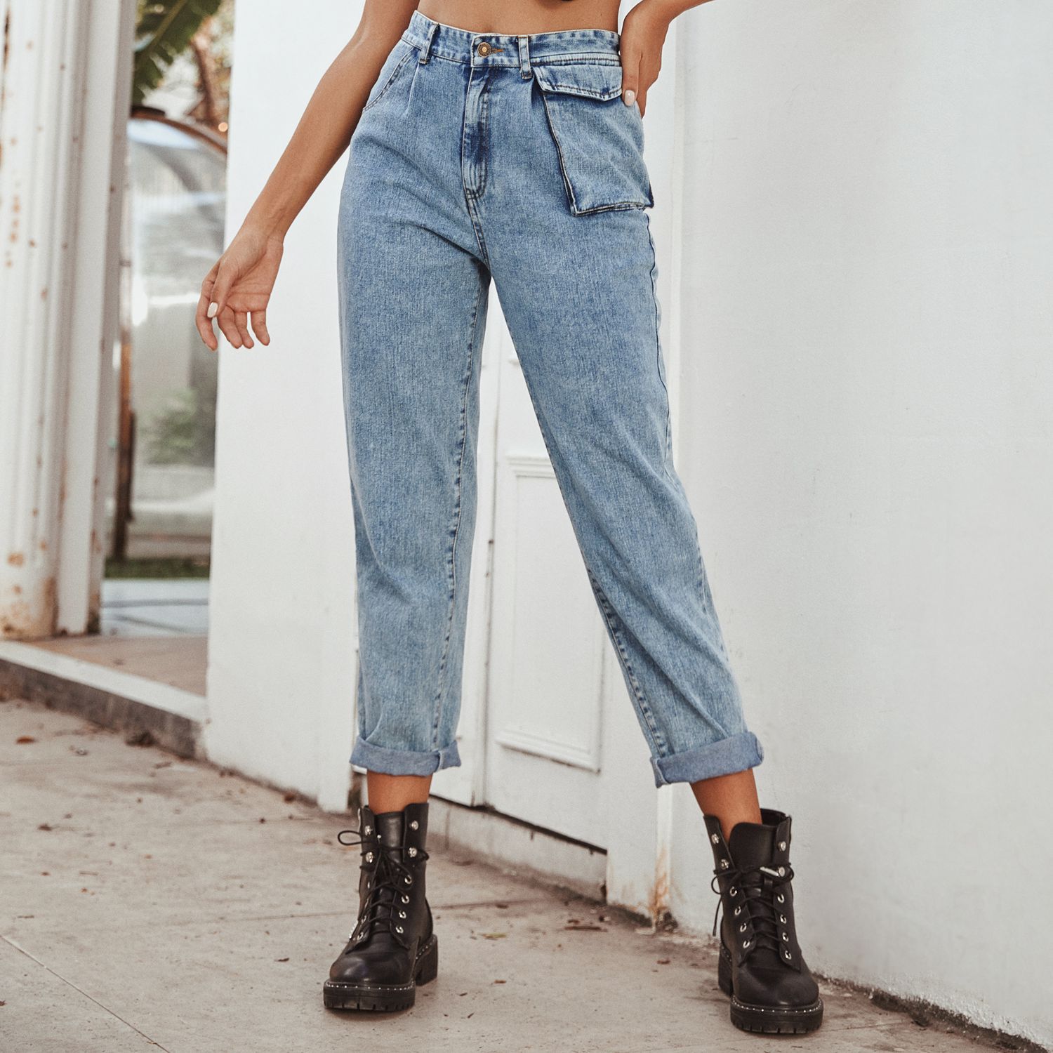 Title 5, High Waist Tooling Patch Pocket Denim Trousers