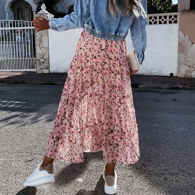 Bohemian Long Skirt For Women Chiffon Floral Printed Split