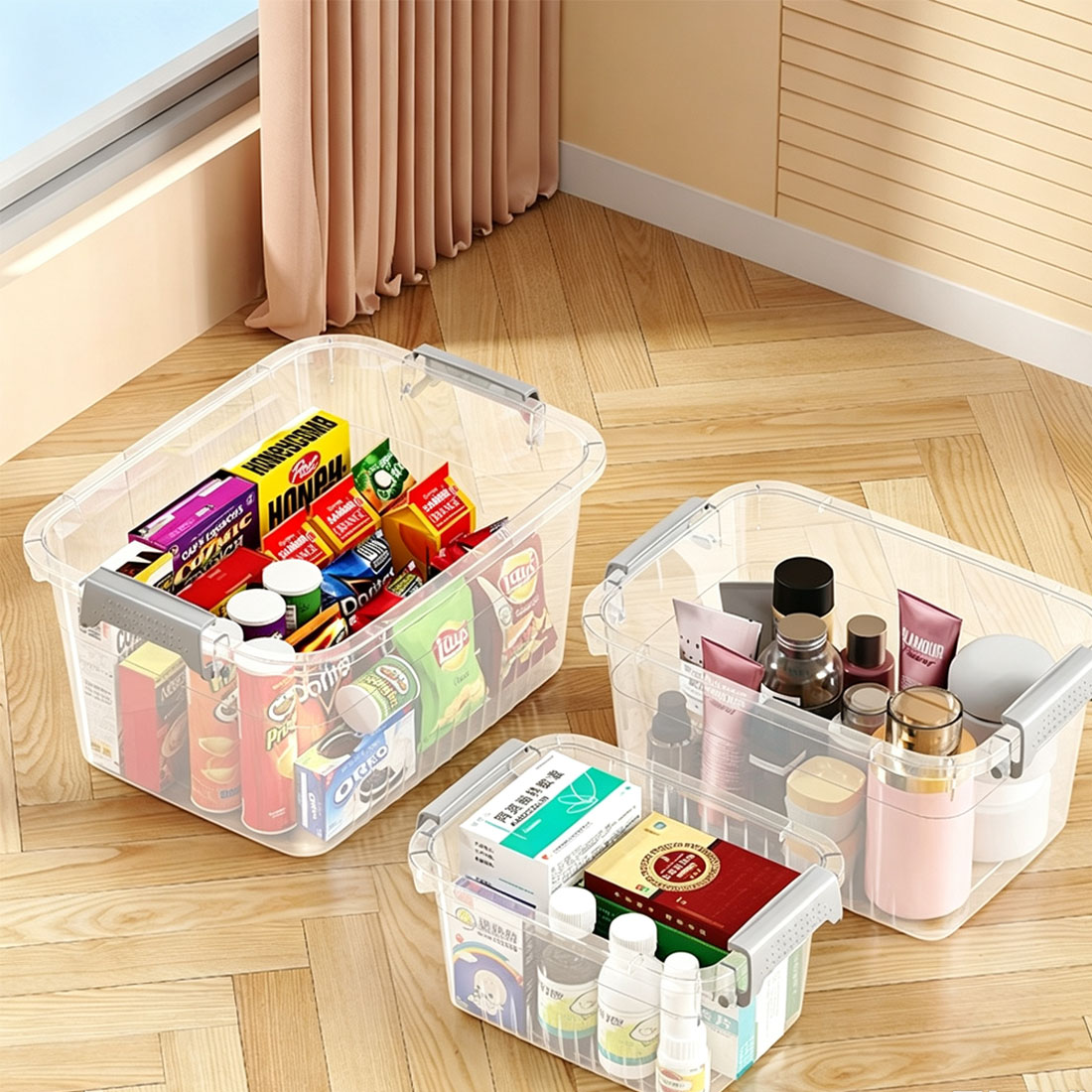 4PCS Clear Plastic Storage Boxes With Lids Stackable Box Home Office Kitchen UK — image 10