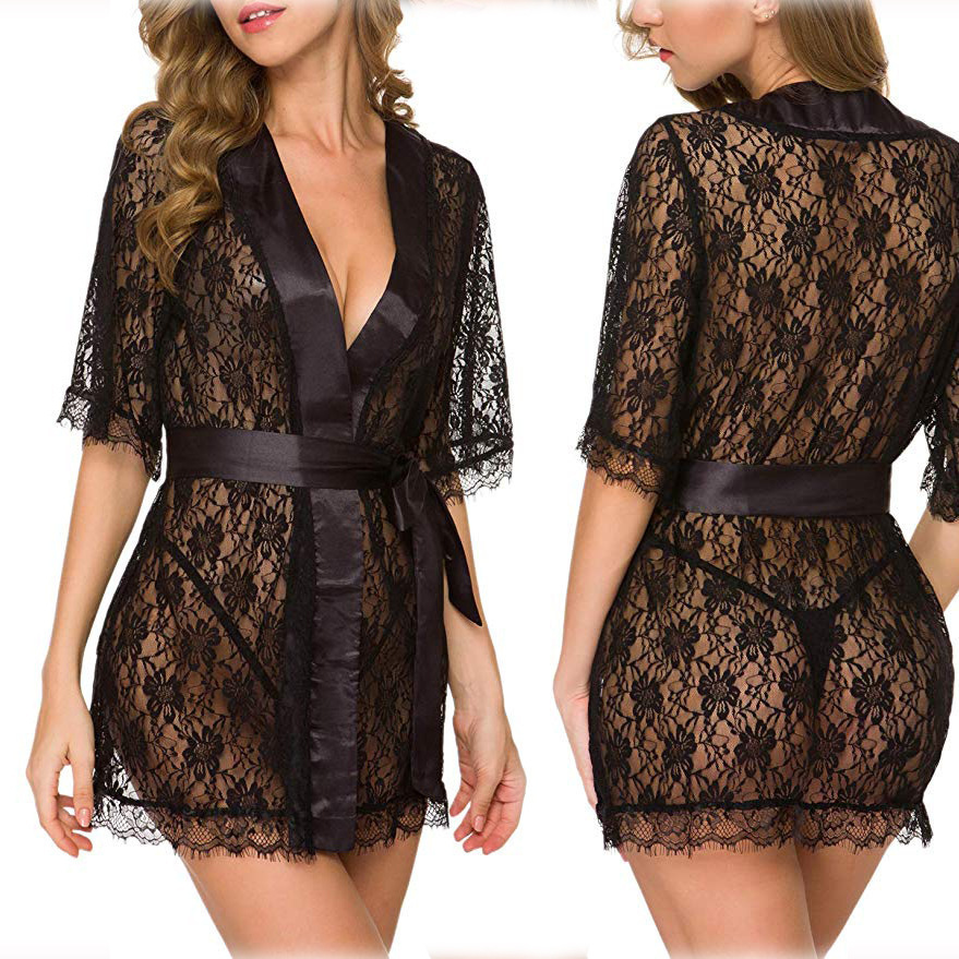 Title 9, Lingerie Women Lace Hollow-out Robe Suits Pajamas