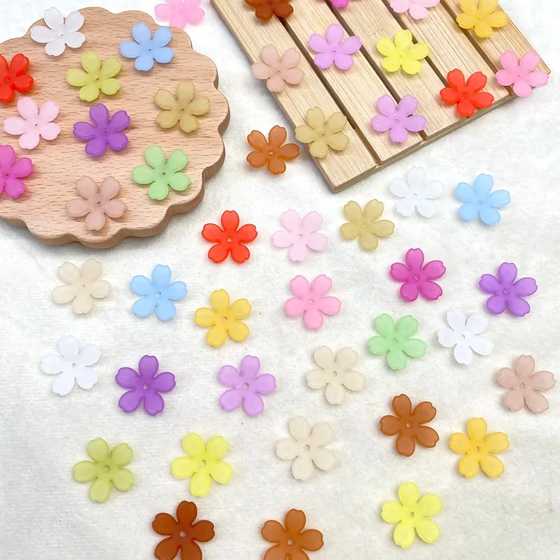Matte Acrylic 5-Petal Blossom Beads, Translucent Center-Hole
