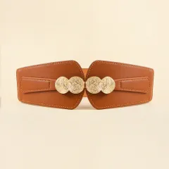 New Women's Belt Elastic Elastic Wide Waist Seal Senior Sense Carved Metal Buckle Everything Coat Shirt Cover Skirt - Brown - View 1
