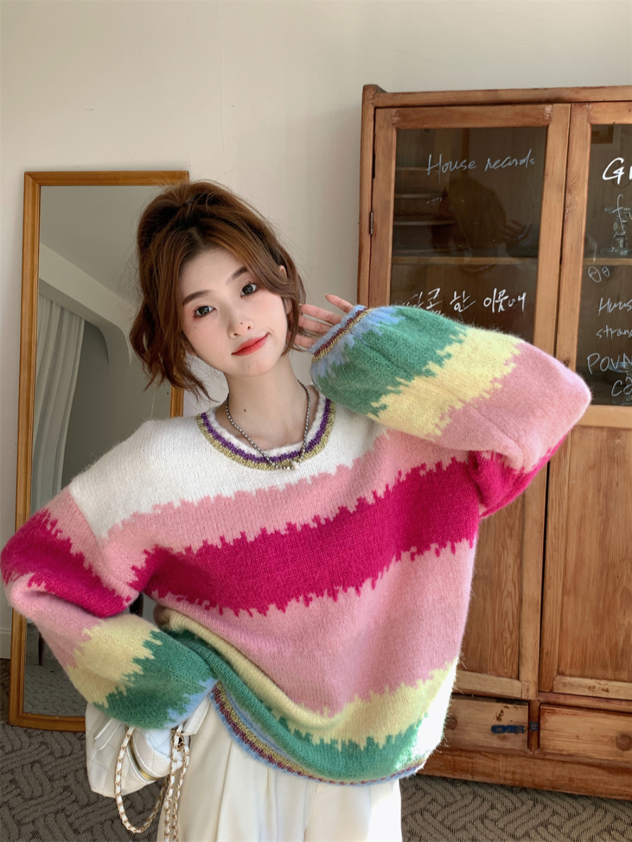 Large Contrast Rainbow Stripe Pullover Sweater For Women Loose And Versatile