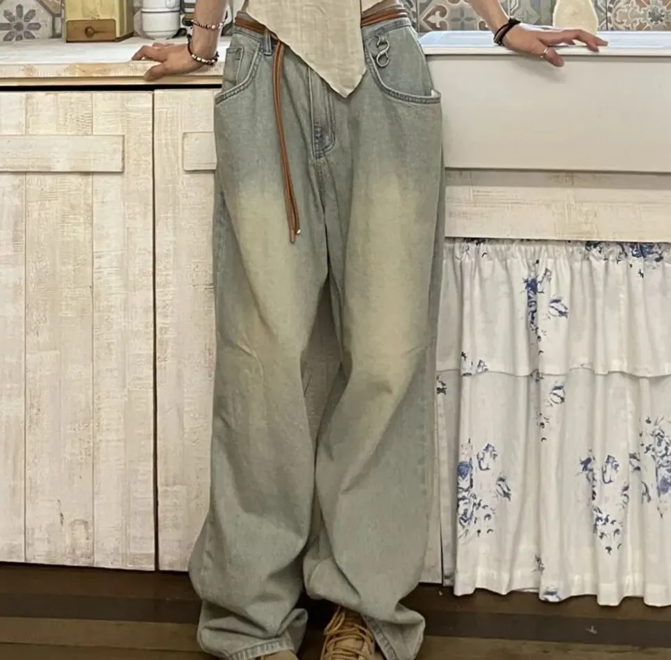 Straight Cylinder Floor Mopping Baggy Jeans - Retro Blue