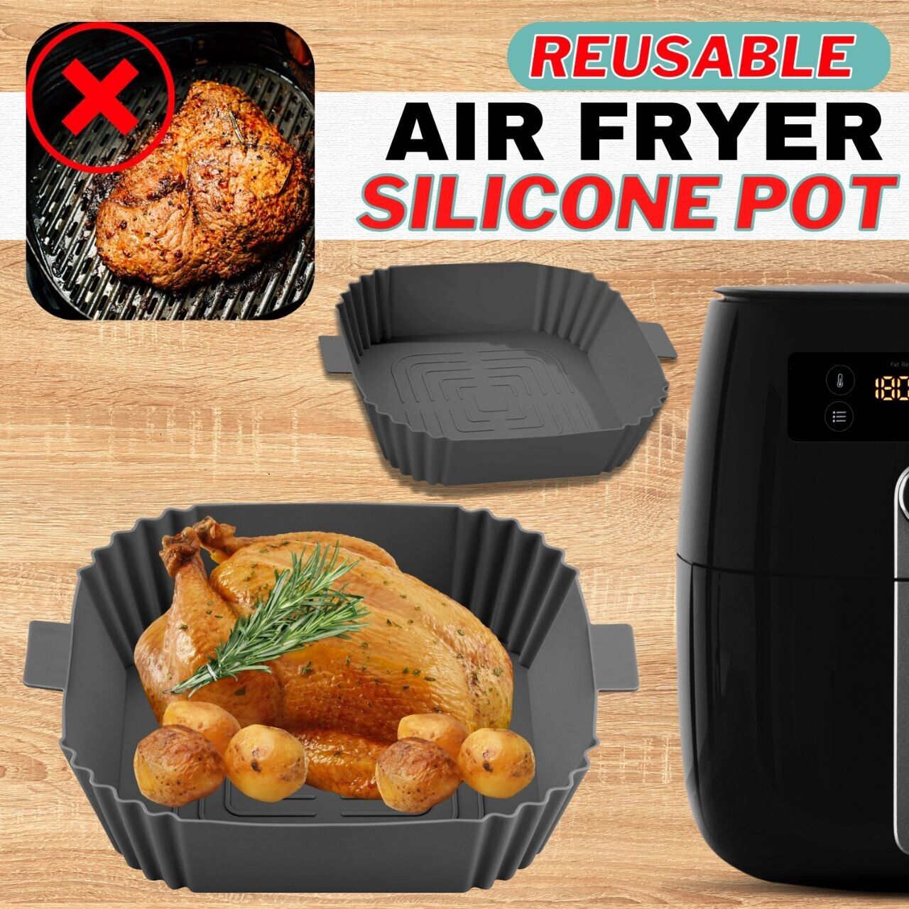 Silicone Air Fryer Tray Basket Liners Pot, Air Fryer Silicone Pot Basket Liners Non-Stick Safe Oven Baking Tray Accessories, Air Fryer Silicone Basket Liners Square, Reusable Air Fryer Silicone Pots for Food Safe Air Fryers Oven Accessories, Air Fryer Sil