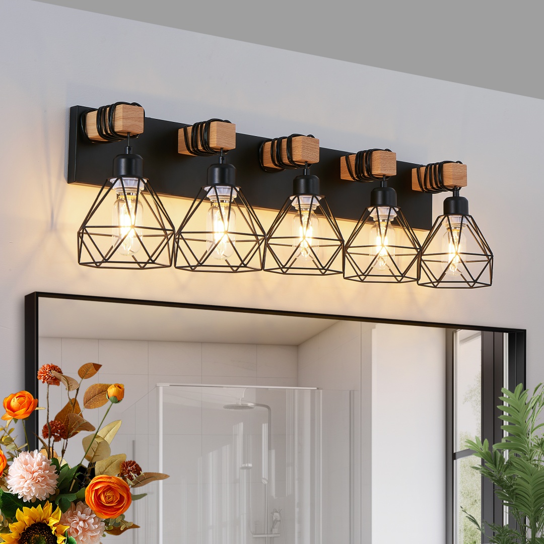 31 Modern Geometric 5-Light Vanity Light Fixture With Black Metal, Wooden Accents And Cage Lampshade For Bathroom, Bedroom, Or Living Room Bulb Not Included