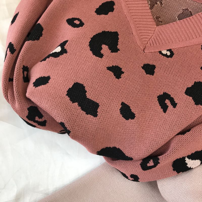 V-neck Leopard Print Loose Knit Sweater And Small Feet Elastic Pants Suit