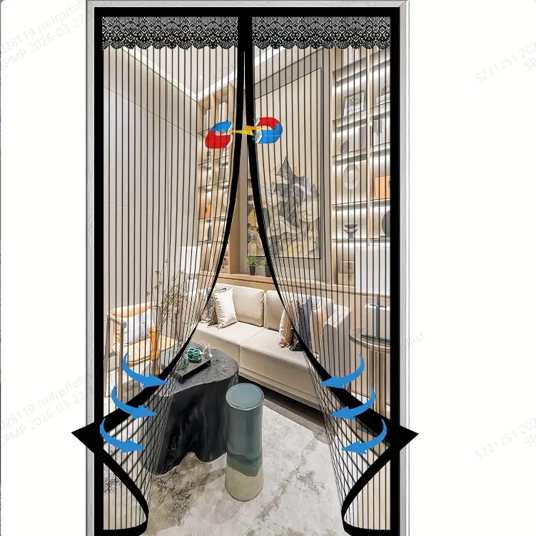 Black Magnetic Door Curtain With Storage Strap, Breathable Mosquito-proof Summer Screen Door Curtain For Home Living Room, Bedroom, And Kitchen Decoration, No-d