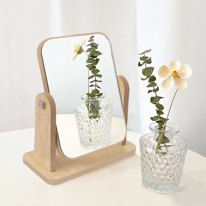 Vintage Wooden Rotating Makeup Mirror, 360 Swivel Large Desktop Vanity Mirror For Bedroom Dormitory Standing Cosmetic Mirror For Table