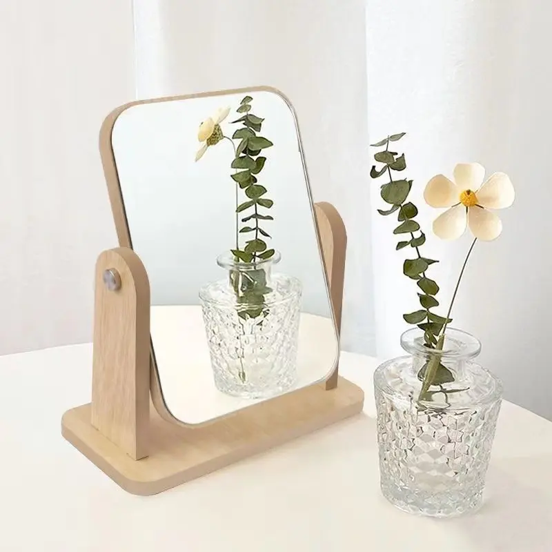 Vintage Wooden Rotating Makeup Mirror, 360 Swivel