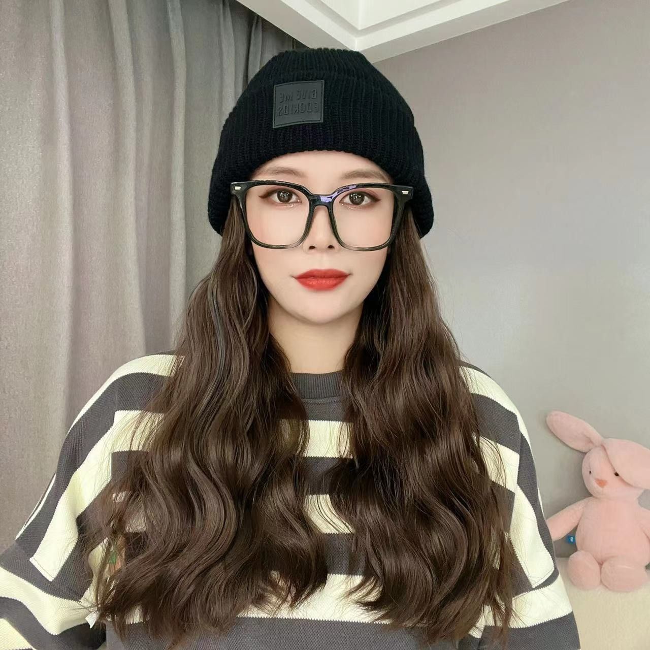 Wool Hat Wig Autumn And Winter Cold Brown Water Ripple - Shop at LoveMi