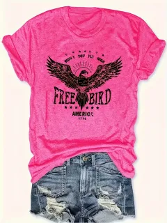Eagle Minimalist Letter Pattern Printed Plus Size T-shirt, Casual Round Neck Summer Short Sleeved Women's Top - Rose Red - View 1
