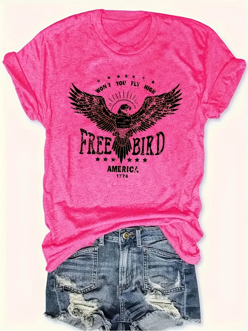 Eagle Minimalist Letter Pattern Printed Plus Size T-shirt, Casual Round Neck Summer Short Sleeved Women's Top - Rose Red