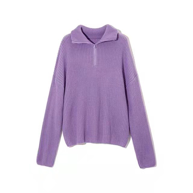 Solid Color Zipper Knitted Half High Neck Loose Casual Pullover
