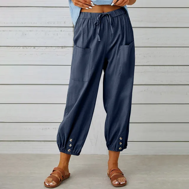 Effortless Drawstring Capris Women's Wide Leg Casual Summer Pants With Adjustable Waist Dark Blue - Shop at LoveMi