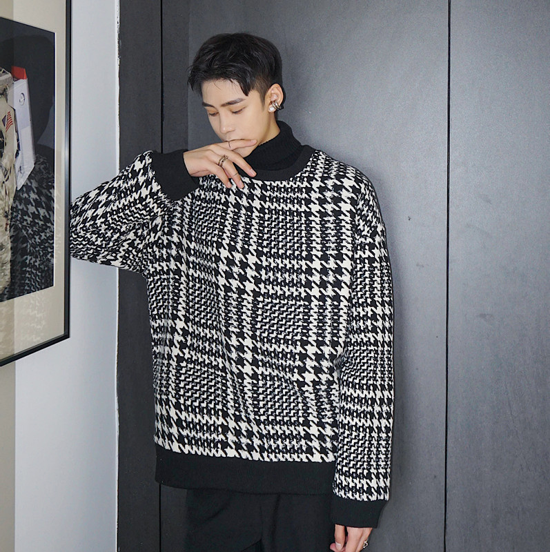 Pullover Long-sleeved Jacket Men's Woolen Plaid Top Trendy Brand