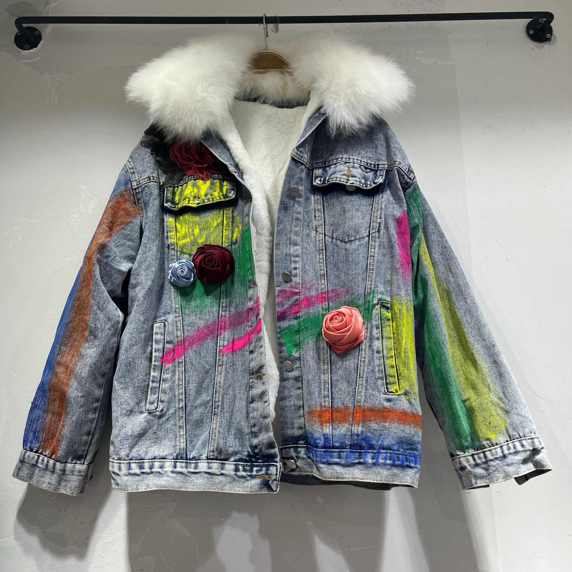 Heavy Industry Personality Big Fur Collar Denim Short Coat Women
