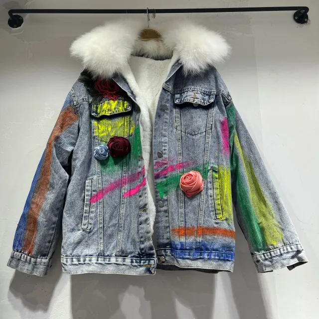 Heavy Industry Personality Big Fur Collar Denim Short Coat Women Blue - Shop at LoveMi