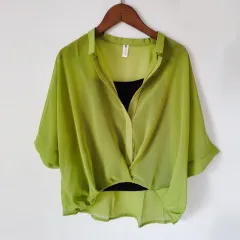 Seven-point Bat-sleeve Leopard-print Chiffon Shirt Summer Blouse Women - Green - View 1