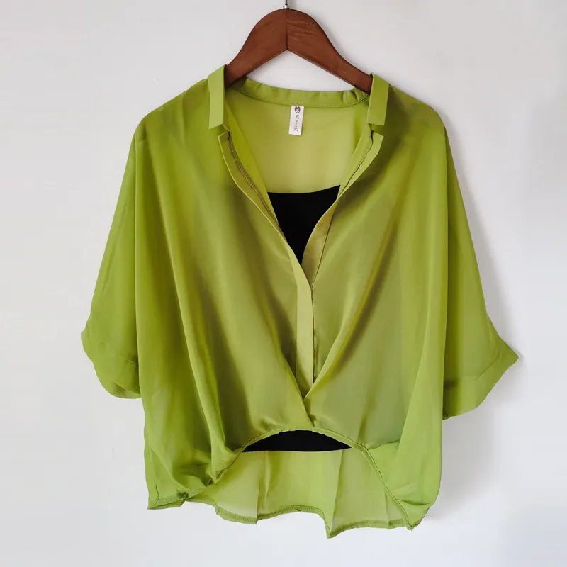 Seven-point Bat-sleeve Leopard-print Chiffon Shirt Summer Blouse Women - Green