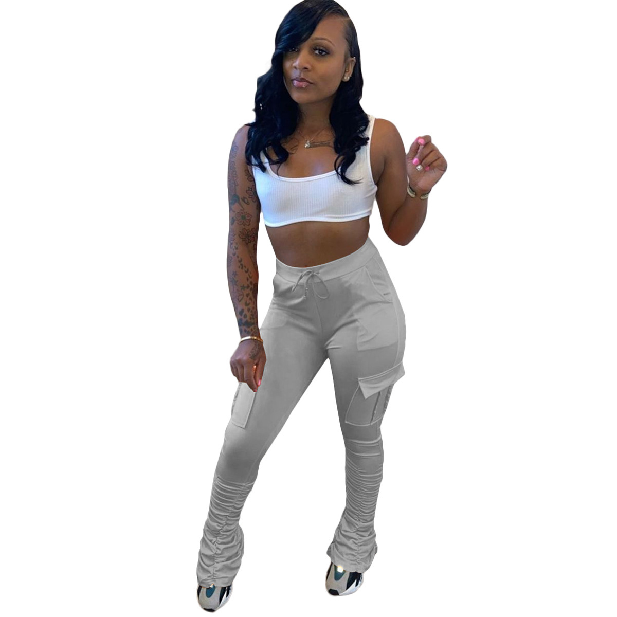 Fashion Solid Color High Waist Casual Multi Pocket Cargo Pants Grey - Shop at LoveMi