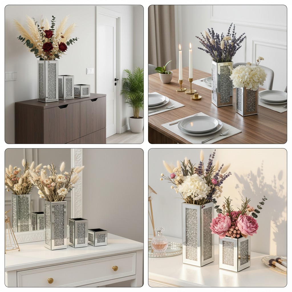Square Crushed Diamond Mirrored Vase Set Of 3, Silver Sparkly Crystal Glass Decorative Flower Vase, Luxury Table Centerpiece For Home Living Room Wedding Decor 3