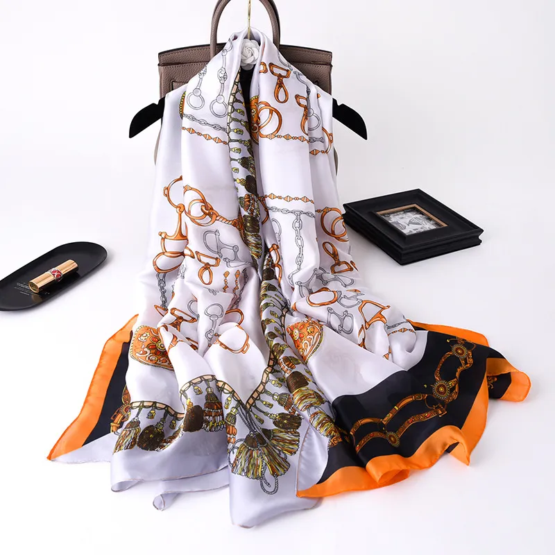 Summer Vacation Silk Scarf Fashion Western Style Print Shawl - Beige