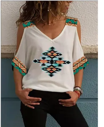 Loose Off the shoulder Mid sleeve Retro Print T shirt Summer European And American Women's Tops 5Style - Shop at LoveMi