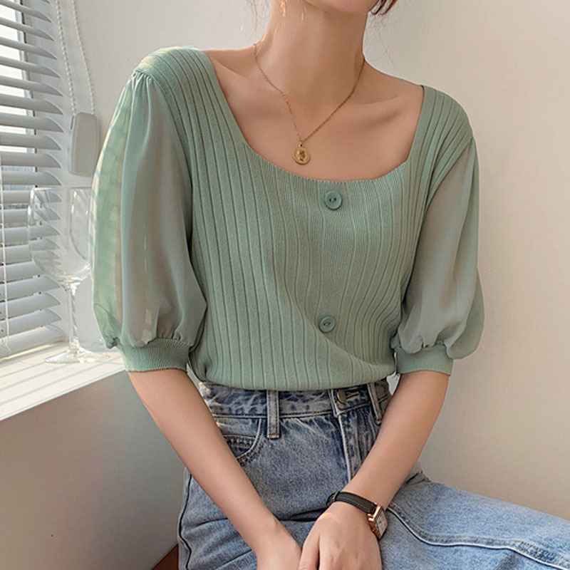 Title 2, Sleeves Splicing Square Neck T-Shirt Tops Fashi...