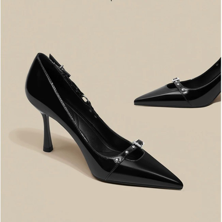 2026 Spring & Summer New Arrival, Minimalist Fashion Design Single Strap Closed Toe Pumps, Solid Color Rivet High Heels