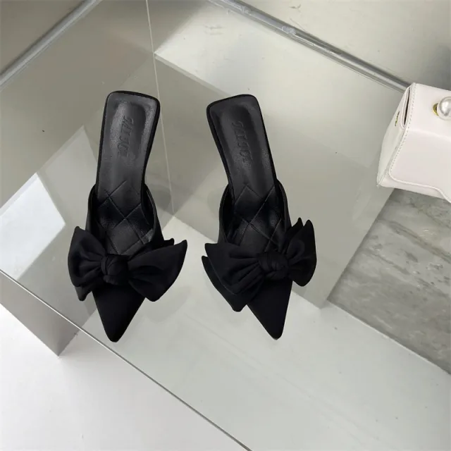 A New Style Of Large Heels And Small Bow Sandals Black - Shop at LoveMi