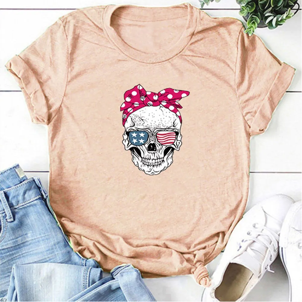 Bandana Sunflower Sunglasses Skull Print Short Sleeve T-shirt - Light Pink