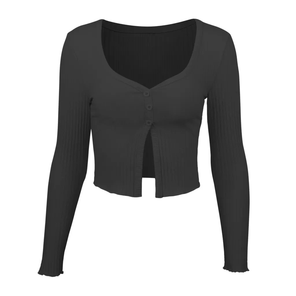 Long Sleeved Crop Cardigan Top Sexy Button Knit T-shirt - Black