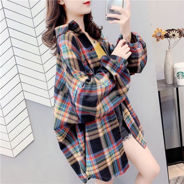 Spring And Autumn Mid length Loose Plaid Shirt Navy Blue - Shop at LoveMi