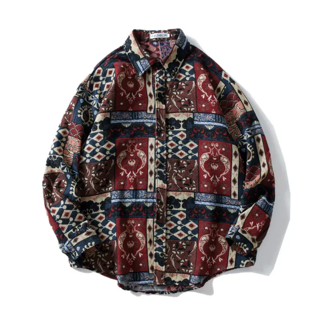 Men's Trendy Printed Woolen Shirt Loose Long Sleeved Coat Top Black - Shop at LoveMi