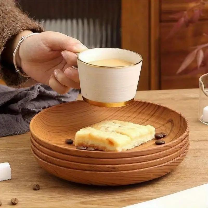 10 Creative Wood Grain Plastic Plates - Round Striped Design, High-Quality Lightweight, Suitable For Home, Dessert Shops 15
