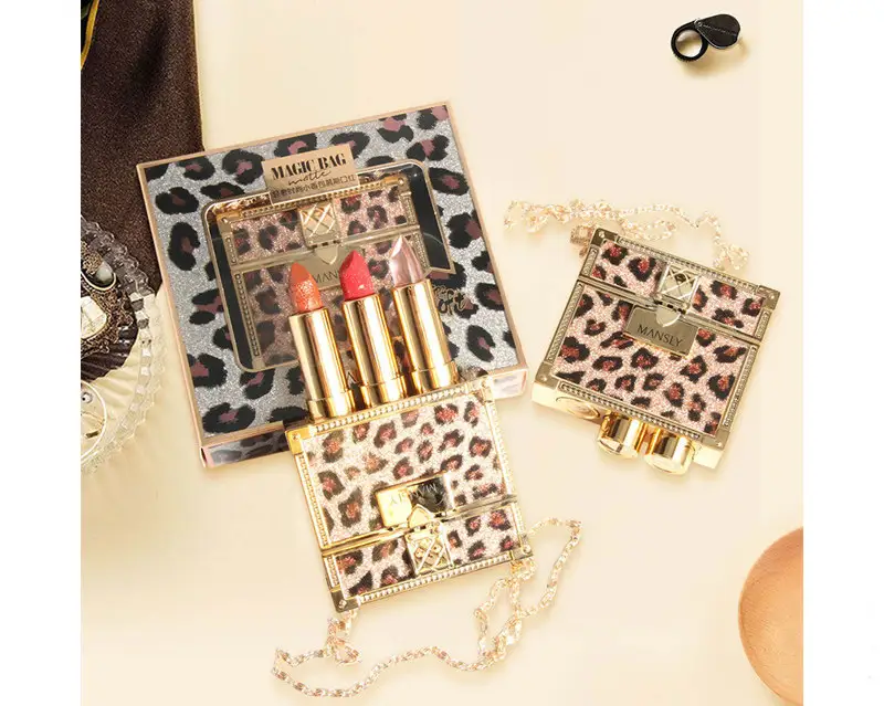 Fashion Small Sachet Mousse Lipstick Leopard Print Chain With Small Round Mirror Set