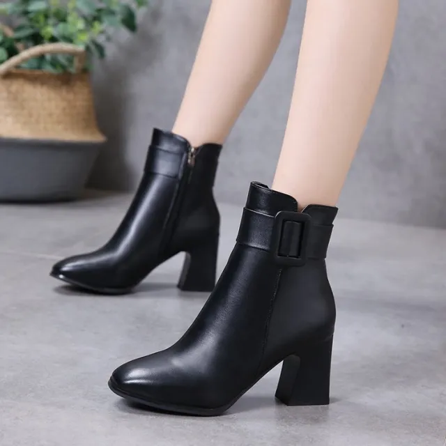 Toe Thick Heel High Heel Belt Buckle Fashion White Martin Boots Black - Shop at LoveMi