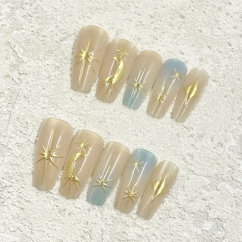 Star Moon Glossy Coffin Press-On Nails