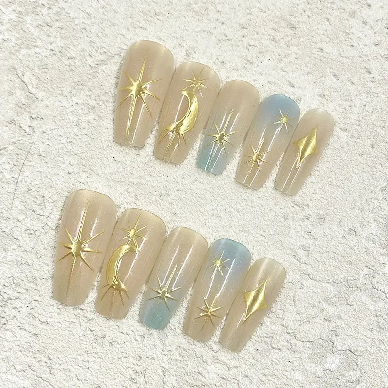 Star Moon Glossy Coffin Press-On Nails