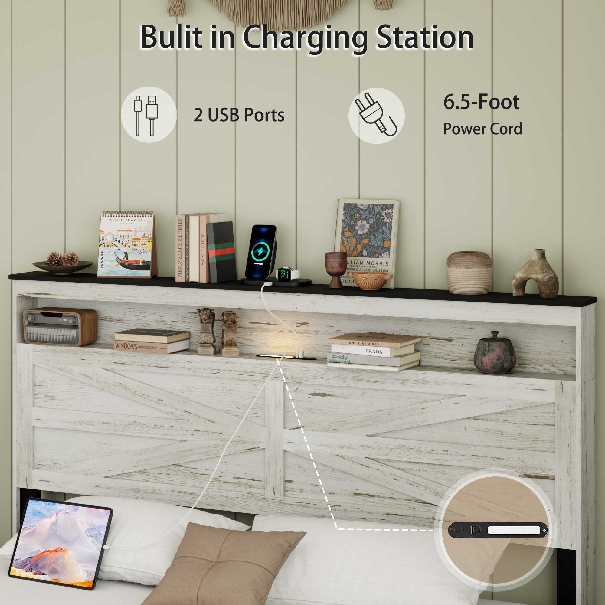 Queen Bed Frame With LED, Charging Station & Hidden Storage, White & Gray — foto 5