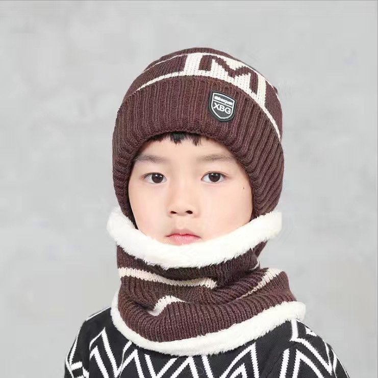 Children's Hats For Autumn And Winter New Boys' Hats And Bibs Set Korean Letters Knitted Hedging Warm Woolen Caps